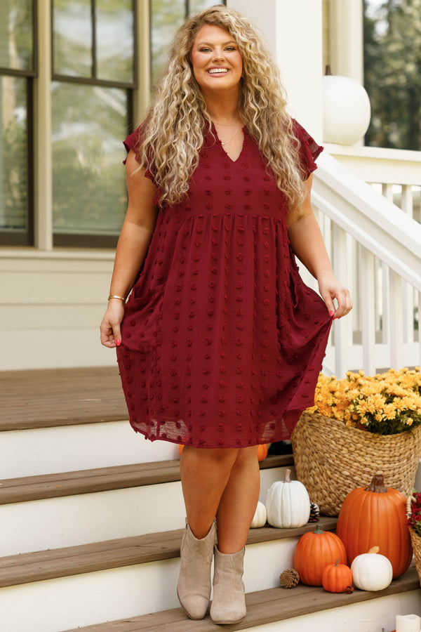 Chic Soul plus size clothing, wine v neck dress with a french raised dot pattern