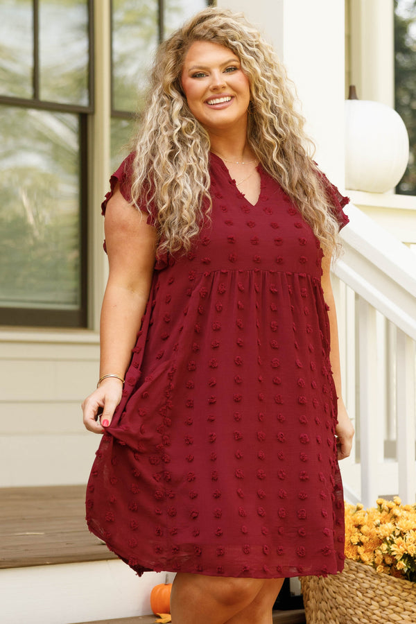 Chic Soul plus size clothing, wine v neck dress with a french raised dot pattern