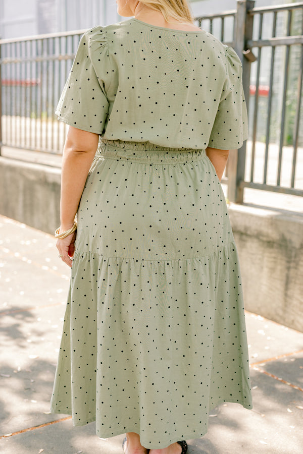 Chic Soul plus size clothing, olive green short sleeve tiered maxi dress with small black polka dots that cinches at the waist