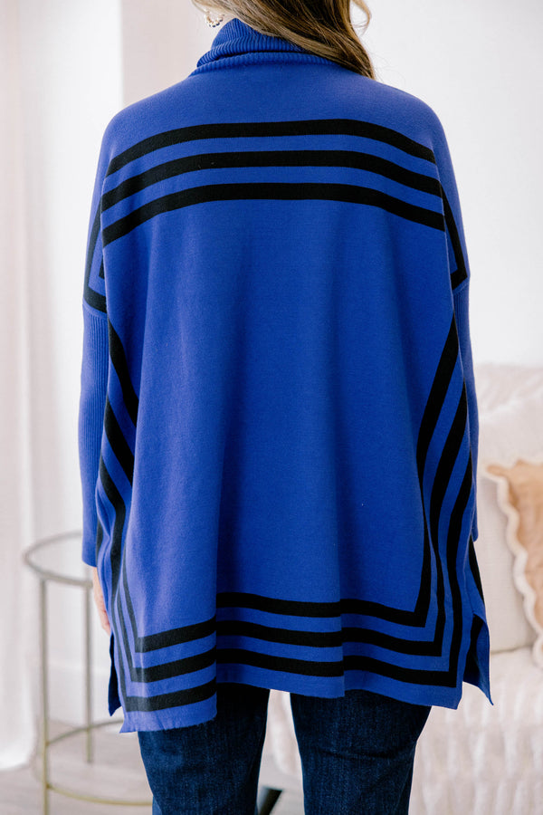 Chic Soul plus size clothing, blue long sleeve turtle neck sweater tunic with black horizontal stripe on the chest and hemline
