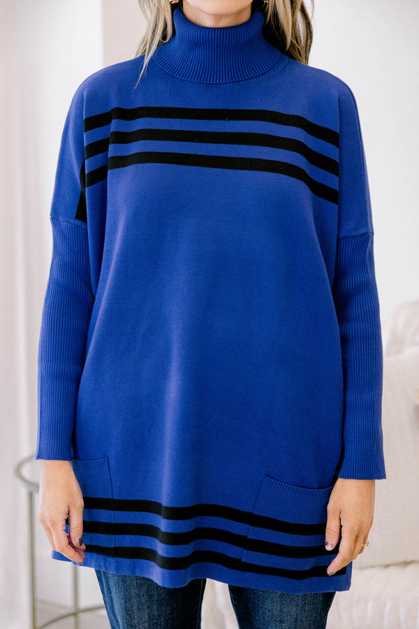 Chic Soul plus size clothing, blue long sleeve turtle neck sweater tunic with black horizontal stripe on the chest and hemline