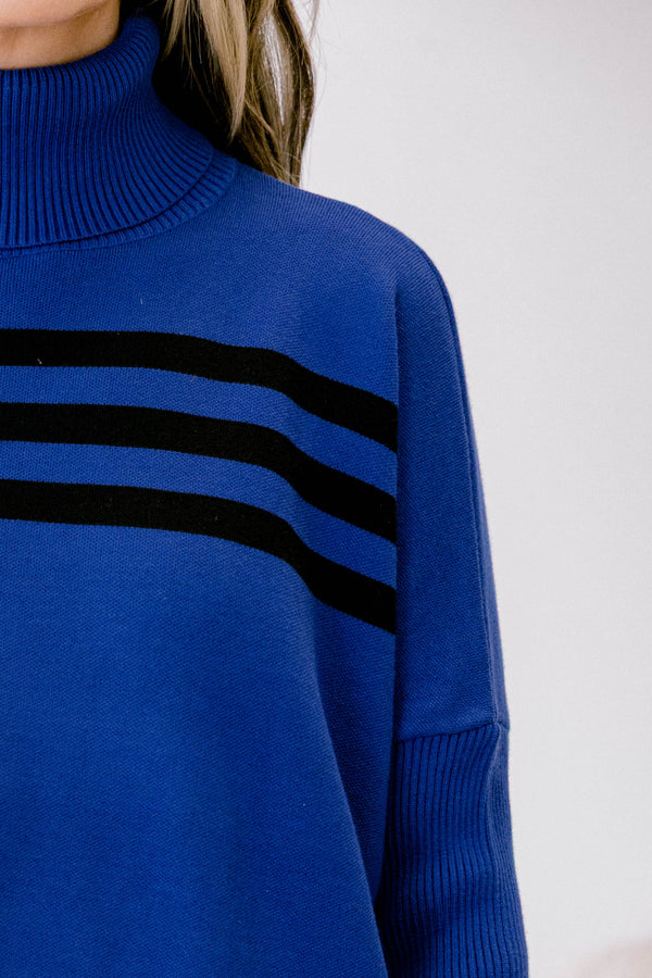 Chic Soul plus size clothing, blue long sleeve turtle neck sweater tunic with black horizontal stripe on the chest and hemline