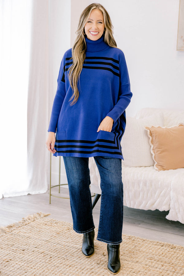 Chic Soul plus size clothing, blue long sleeve turtle neck sweater tunic with black horizontal stripe on the chest and hemline