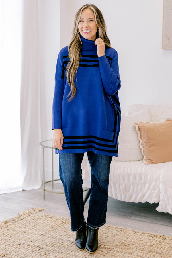 Chic Soul plus size clothing, blue long sleeve turtle neck sweater tunic with black horizontal stripe on the chest and hemline