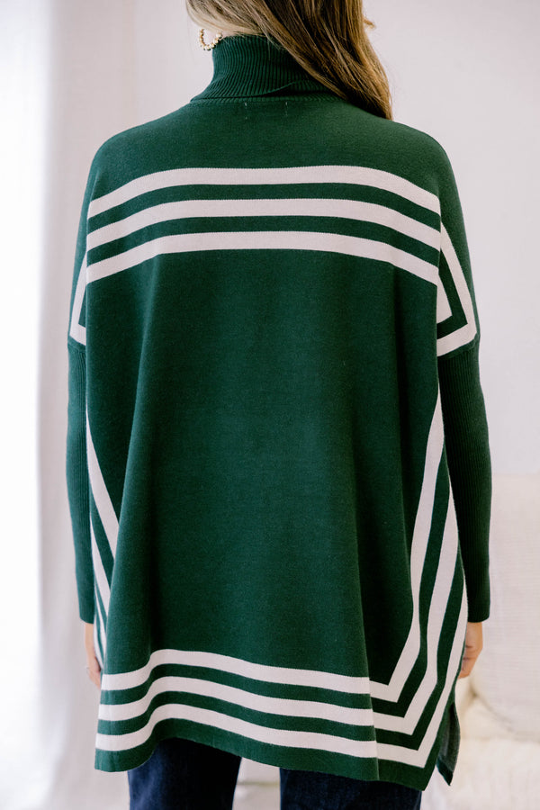 Chic Soul plus size clothing, dark green turtle neck long sleeve tunic sweater with white strip detailing along the top and bottom