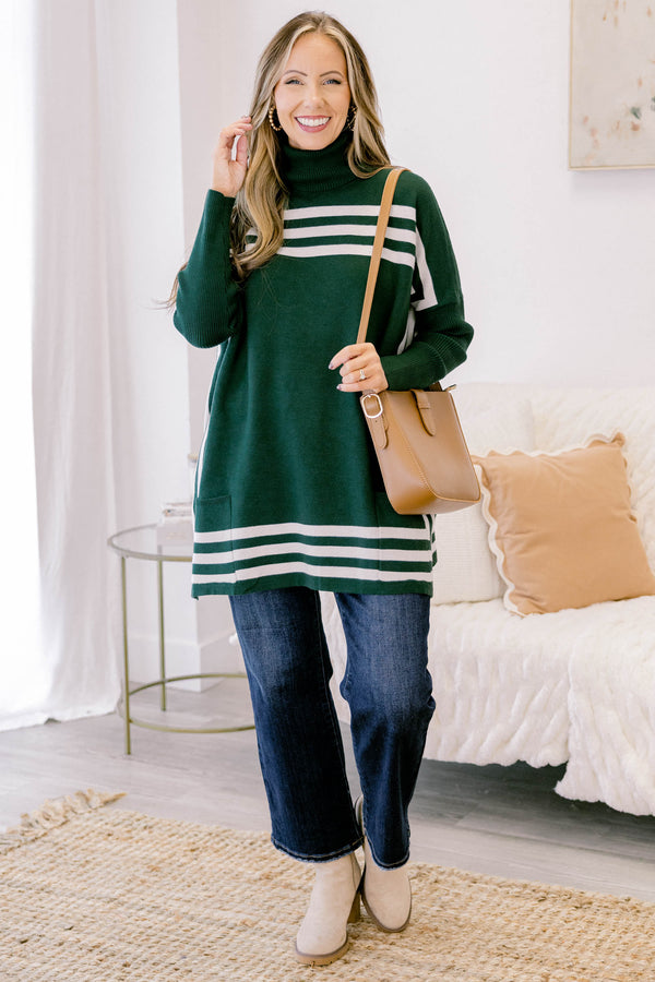 Chic Soul plus size clothing, dark green turtle neck long sleeve tunic sweater with white strip detailing along the top and bottom
