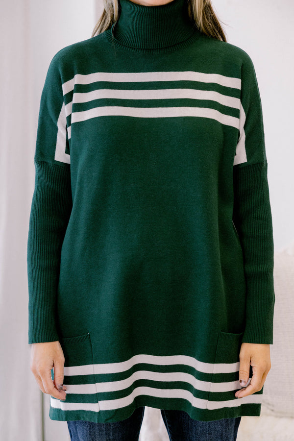 Chic Soul plus size clothing, dark green turtle neck long sleeve tunic sweater with white strip detailing along the top and bottom
