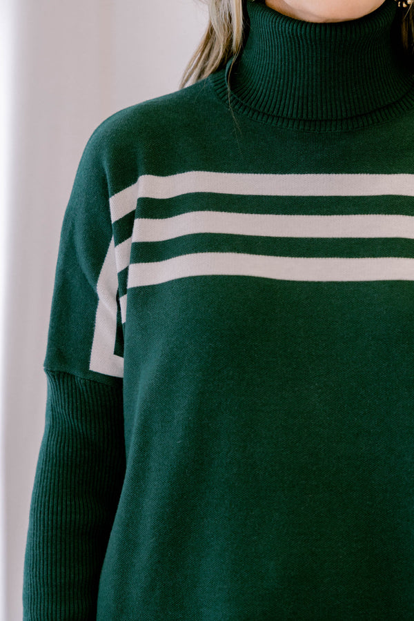 Chic Soul plus size clothing, dark green turtle neck long sleeve tunic sweater with white strip detailing along the top and bottom
