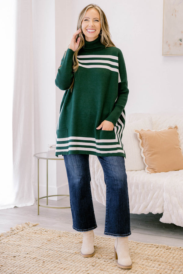 Chic Soul plus size clothing, dark green turtle neck long sleeve tunic sweater with white strip detailing along the top and bottom