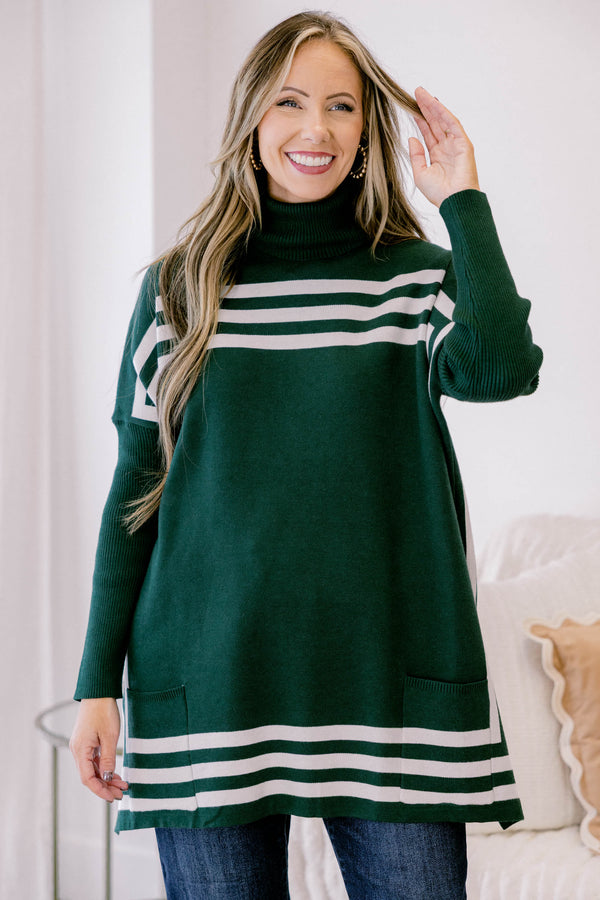 Chic Soul plus size clothing, dark green turtle neck long sleeve tunic sweater with white strip detailing along the top and bottom