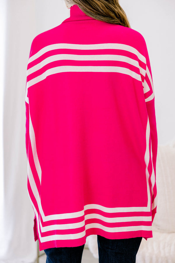 Chic Soul plus size clothing, pink long sleeve turtleneck tunic with three white tripes bordering the bottom and across the chest