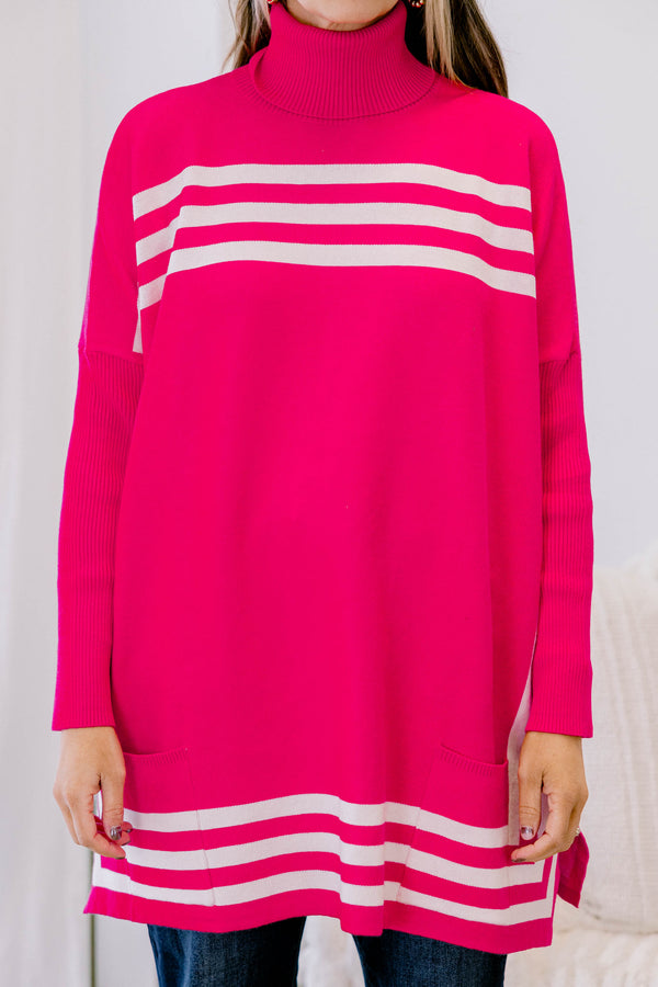 Chic Soul plus size clothing, pink long sleeve turtleneck tunic with three white tripes bordering the bottom and across the chest