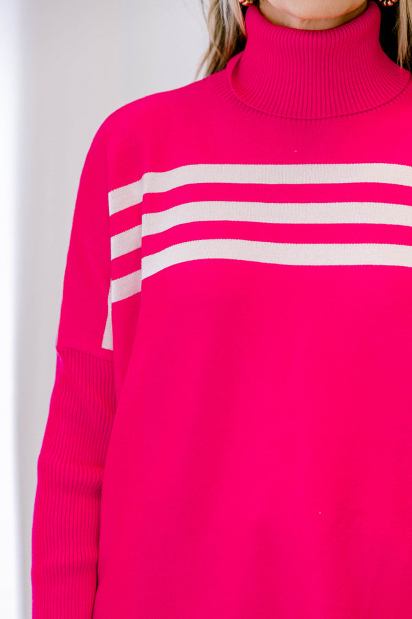 Chic Soul plus size clothing, pink long sleeve turtleneck tunic with three white tripes bordering the bottom and across the chest