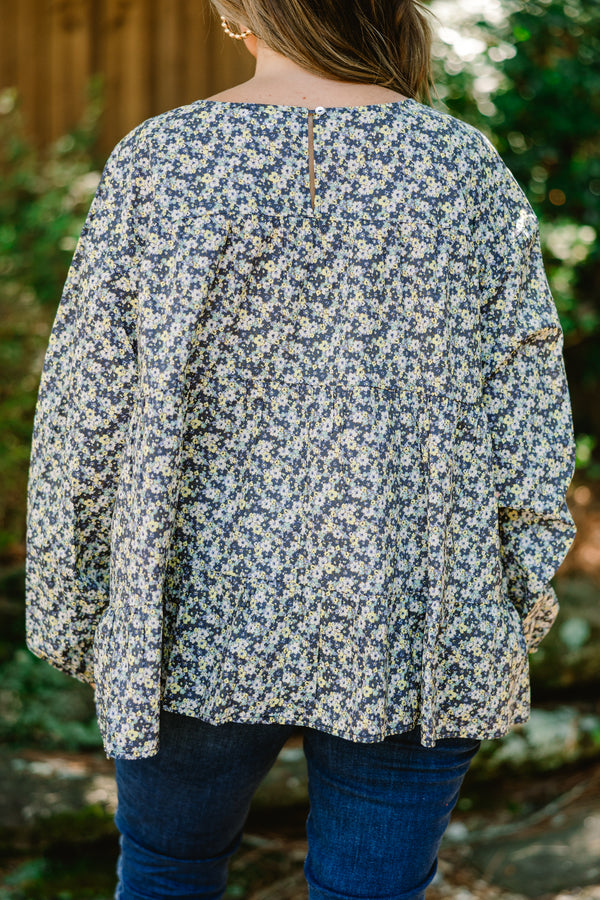 Chic Soul plus size clothing, blue long sleeve baby doll top with a floral pattern 