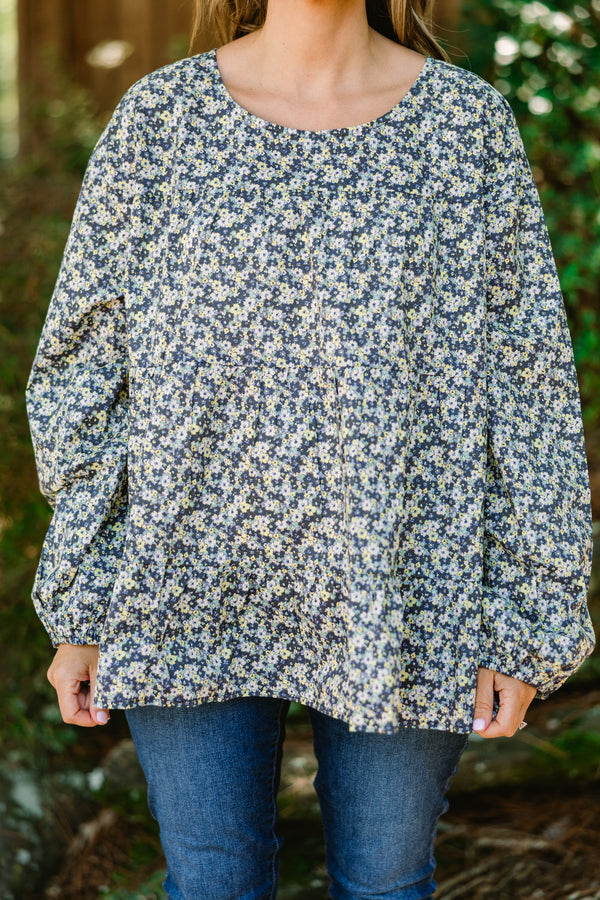 Chic Soul plus size clothing, blue long sleeve baby doll top with a floral pattern 