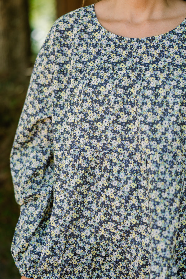 Chic Soul plus size clothing, blue long sleeve baby doll top with a floral pattern 