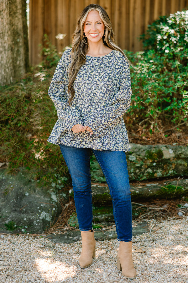 Chic Soul plus size clothing, blue long sleeve baby doll top with a floral pattern 