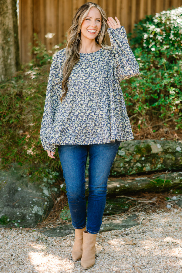 Chic Soul plus size clothing, blue long sleeve baby doll top with a floral pattern 