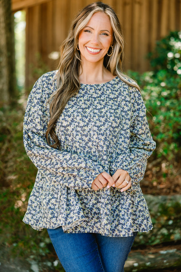 Chic Soul plus size clothing, blue long sleeve baby doll top with a floral pattern 