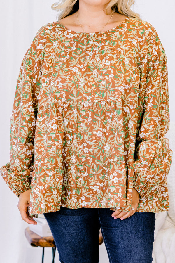 Chic Soul Plus size clothing, brown babydoll top with long bubble sleeves and a floral pattern throughout 