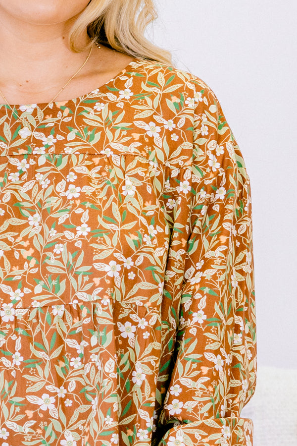 Chic Soul Plus size clothing, brown babydoll top with long bubble sleeves and a floral pattern throughout 