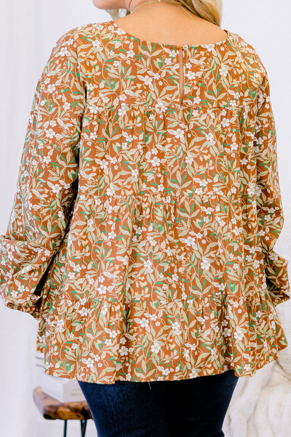 Chic Soul Plus size clothing, brown babydoll top with long bubble sleeves and a floral pattern throughout 