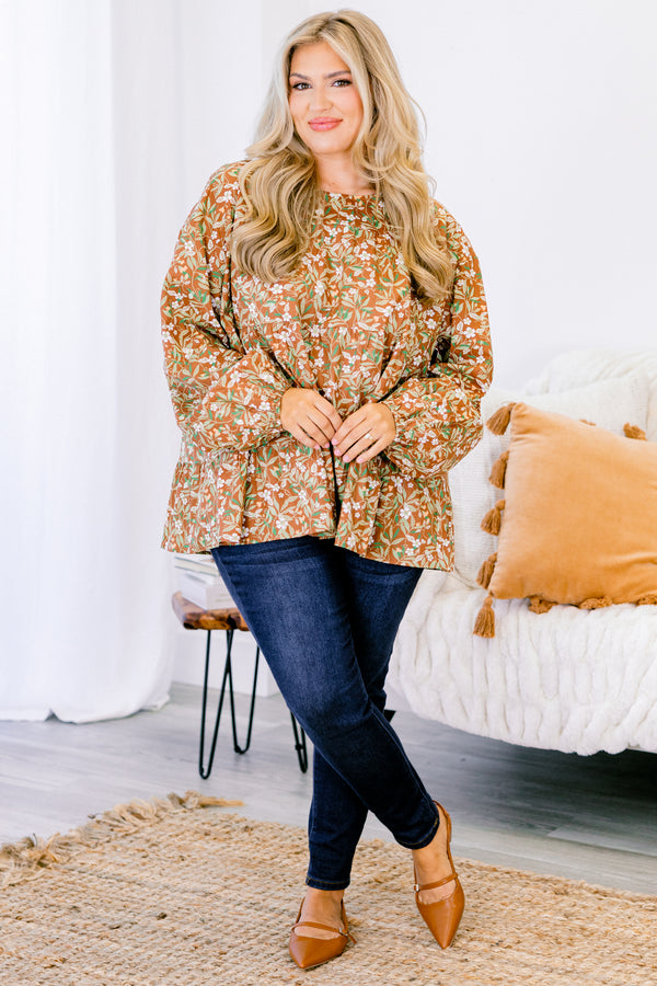 Chic Soul Plus size clothing, brown babydoll top with long bubble sleeves and a floral pattern throughout 