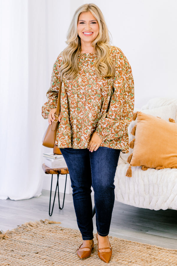 Chic Soul Plus size clothing, brown babydoll top with long bubble sleeves and a floral pattern throughout 
