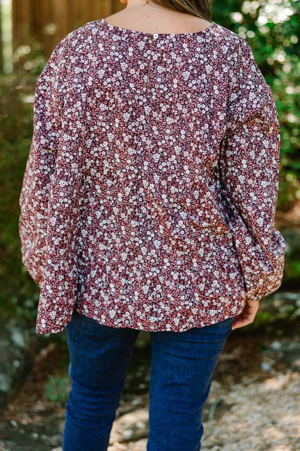 Chic Soul plus size clothing, long sleeve dark purple blouse with small white floral print