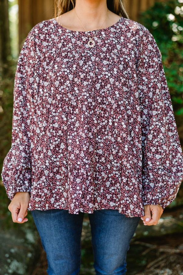 Chic Soul plus size clothing, long sleeve dark purple blouse with small white floral print