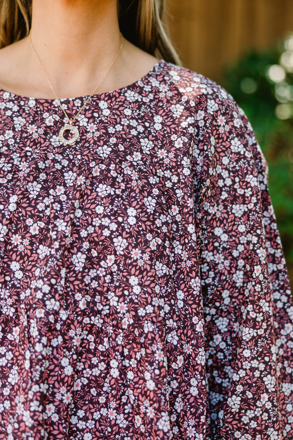 Chic Soul plus size clothing, long sleeve dark purple blouse with small white floral print