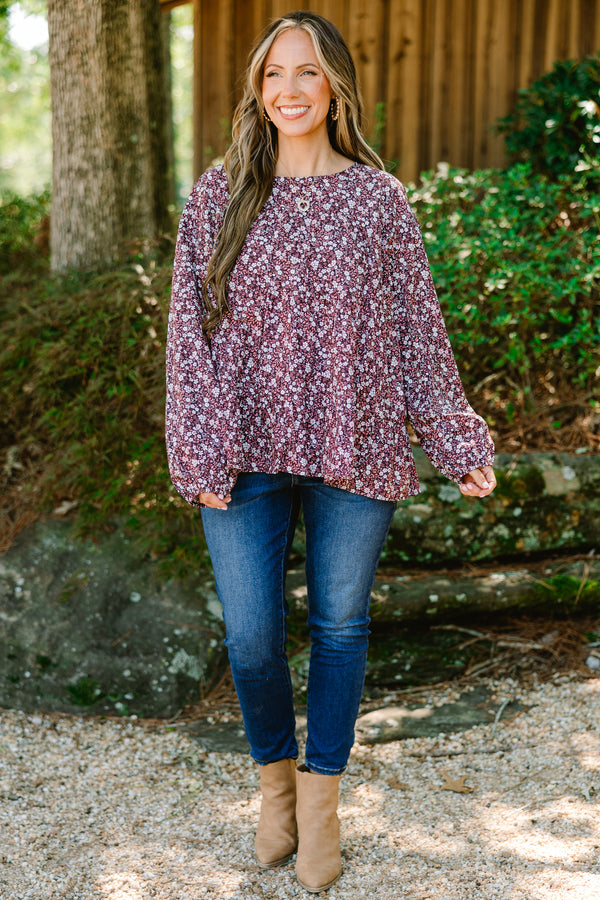 Chic Soul plus size clothing, long sleeve dark purple blouse with small white floral print