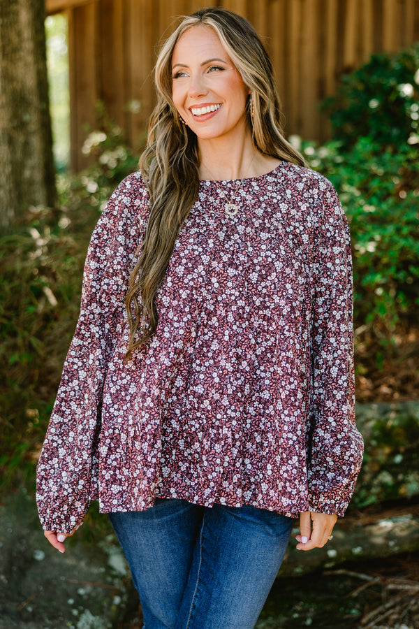 Chic Soul plus size clothing, long sleeve dark purple blouse with small white floral print