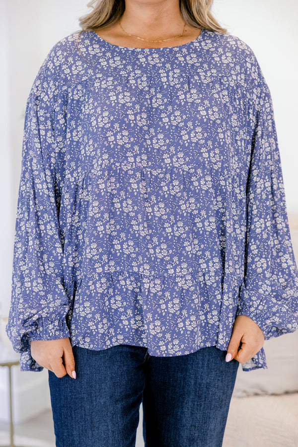 Chic Soul plus size clothing, long sleeve navy blouse with small white floral print