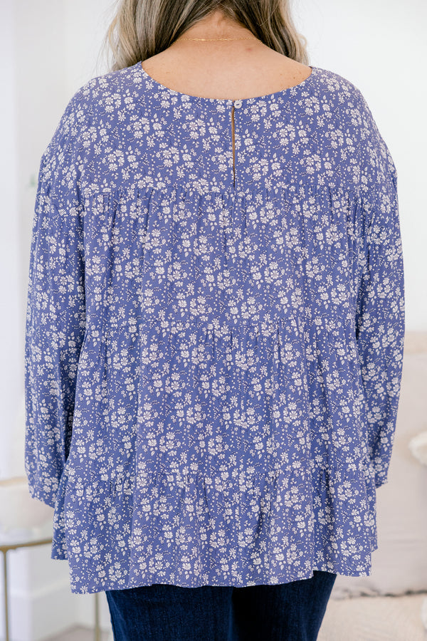 Chic Soul plus size clothing, long sleeve navy blouse with small white floral print