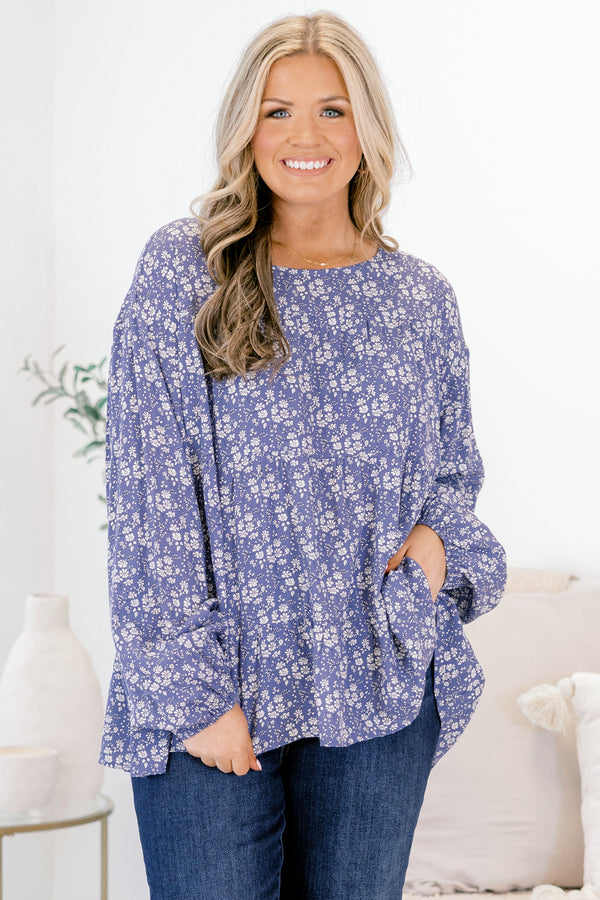Chic Soul plus size clothing, long sleeve navy blouse with small white floral print