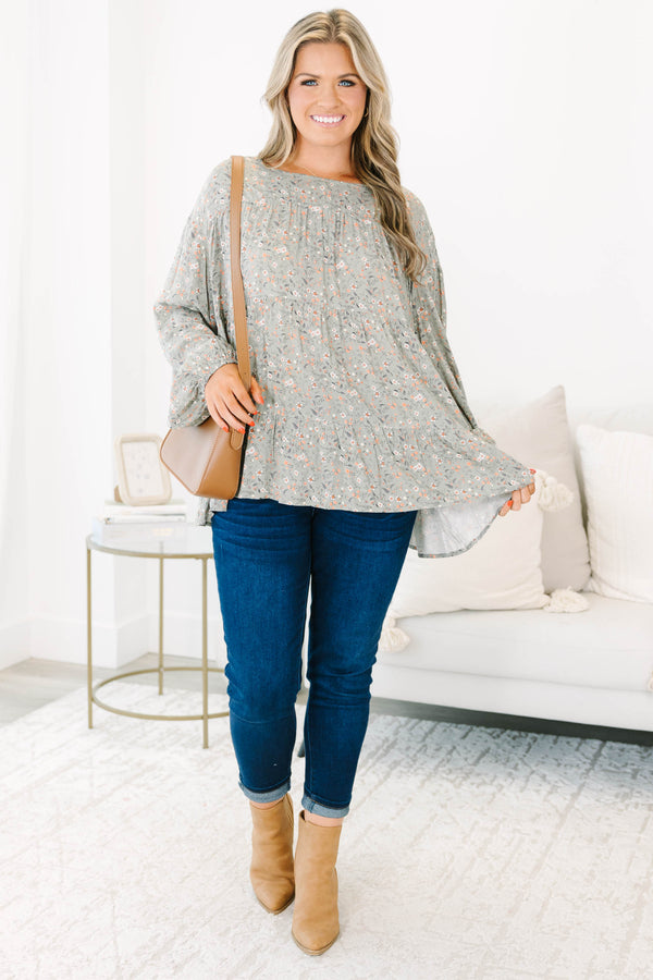 Chic Soul plus size clothing, long-sleeve olive green ruffled top with high-scoop-neckline and orange and ivory small floral pattern