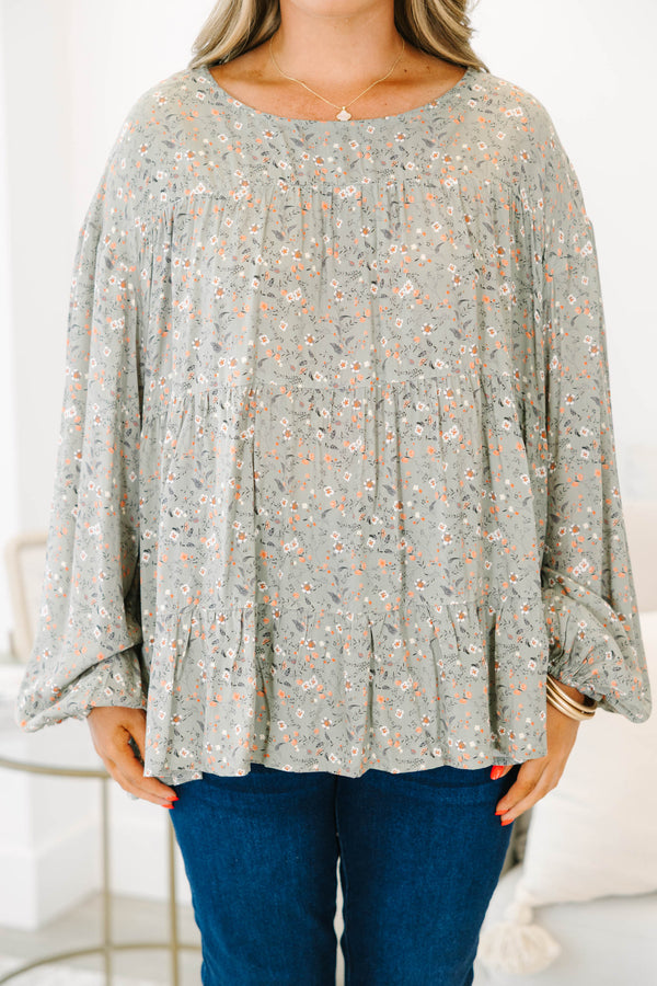 Chic Soul plus size clothing, long-sleeve olive green ruffled top with high-scoop-neckline and orange and ivory small floral pattern