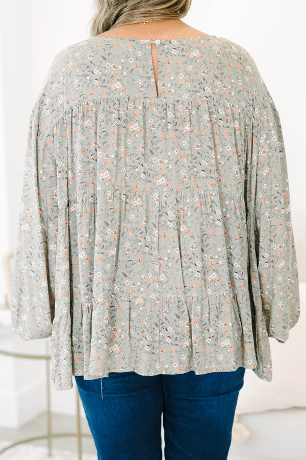 Chic Soul plus size clothing, long-sleeve olive green ruffled top with high-scoop-neckline and orange and ivory small floral pattern