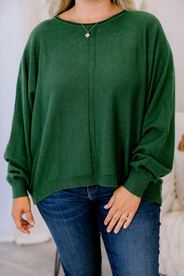Chic Soul plus size clothing, dark heather green sweater with long sleeves and a ribbed texture on the bottom of the sweater and at the end of the sleeves 