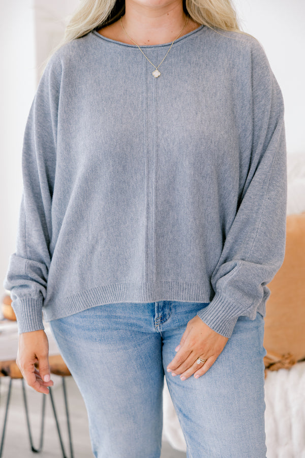 Chic Soul plus size clothing, heather gray long sleeve sweater with seam down the middle of the front