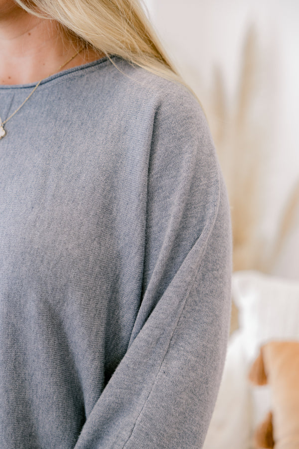 Chic Soul plus size clothing, heather gray long sleeve sweater with seam down the middle of the front