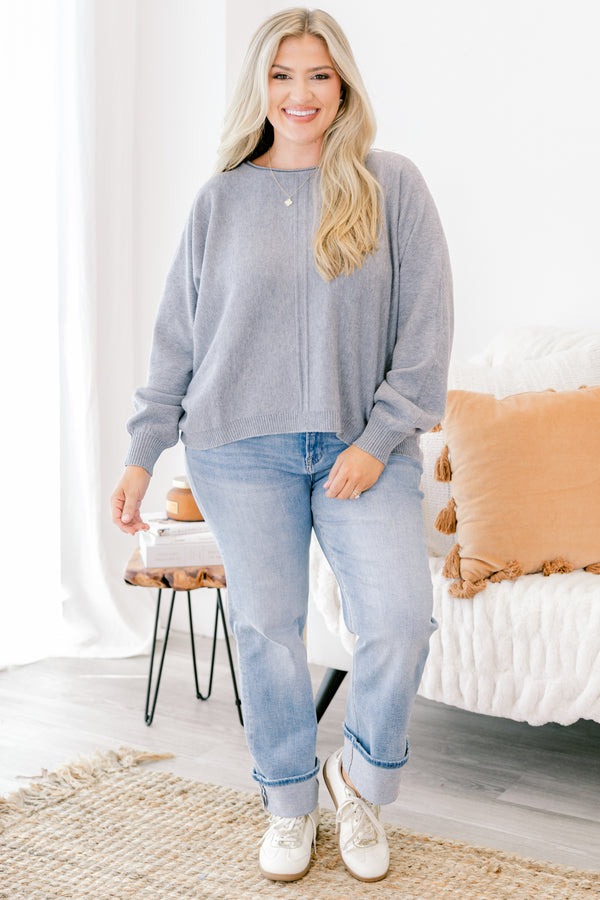 Chic Soul plus size clothing, heather gray long sleeve sweater with seam down the middle of the front