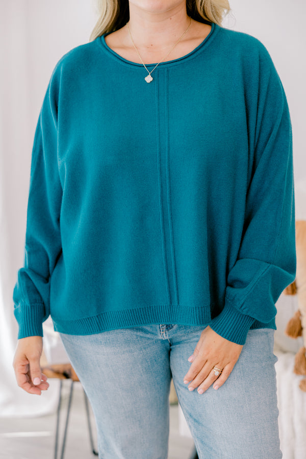Chic Soul plus size clothing, blue long sleeve sweater with a ribbed detail going down the center of the sweater and on the sleeves 