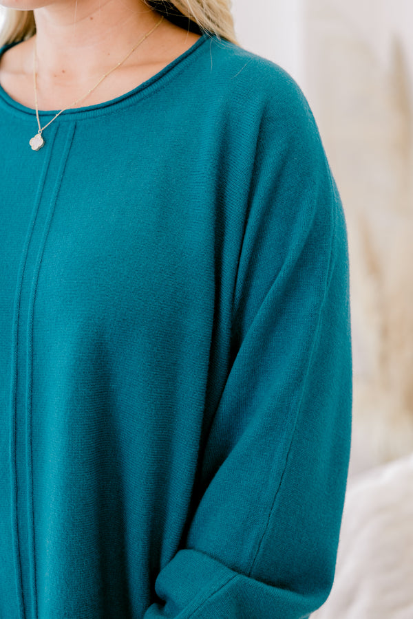 Chic Soul plus size clothing, blue long sleeve sweater with a ribbed detail going down the center of the sweater and on the sleeves 