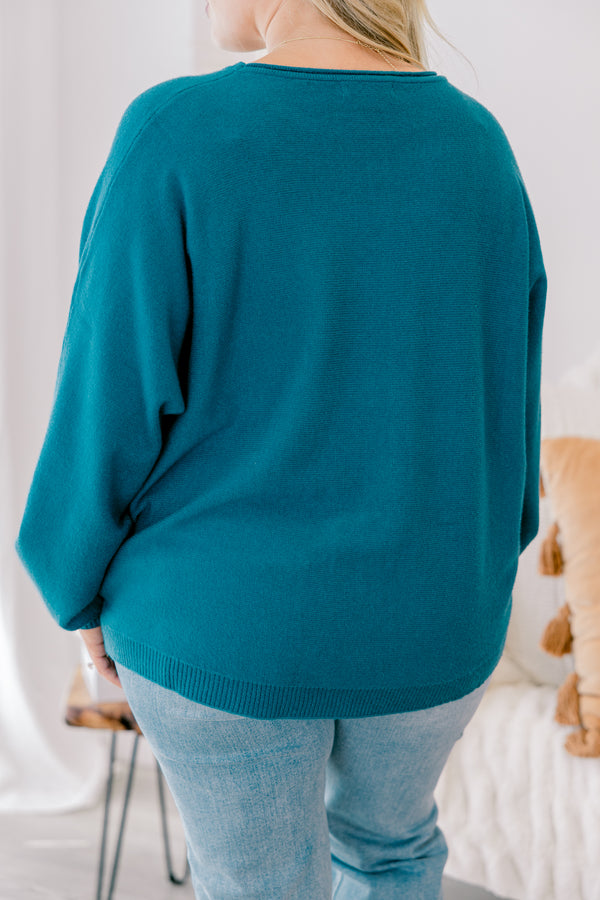 Chic Soul plus size clothing, blue long sleeve sweater with a ribbed detail going down the center of the sweater and on the sleeves 