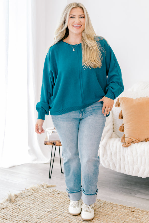 Chic Soul plus size clothing, blue long sleeve sweater with a ribbed detail going down the center of the sweater and on the sleeves 