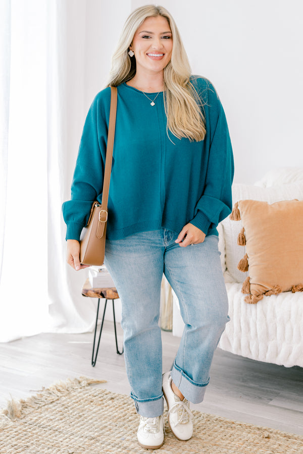 Chic Soul plus size clothing, blue long sleeve sweater with a ribbed detail going down the center of the sweater and on the sleeves 