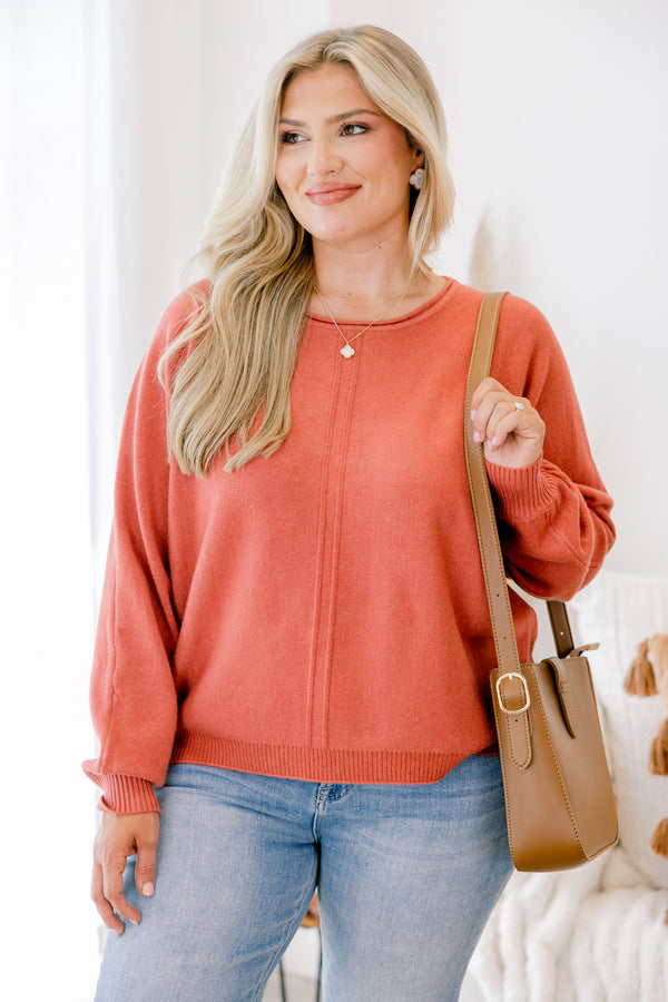 Chic Soul plus size clothing, rust orange long sleeve sweater with ribbed sinched sleeves and hem and 2 vertical center front seam details