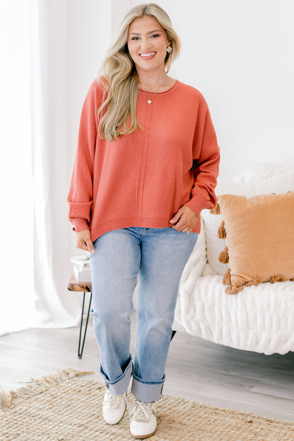 Chic Soul plus size clothing, rust orange long sleeve sweater with ribbed sinched sleeves and hem and 2 vertical center front seam details